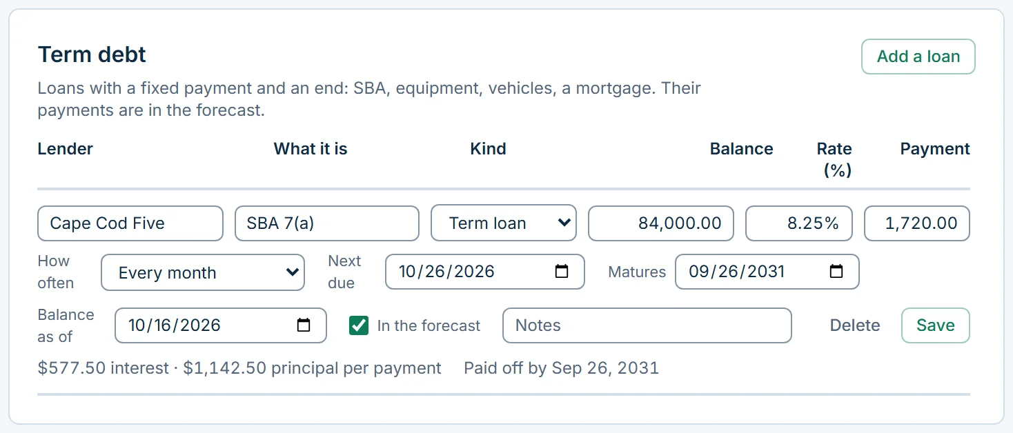 Debt & credit lines, Term debt: each loan with its balance, rate, payment and payment day, the interest and principal in the next payment, and its payoff date.
