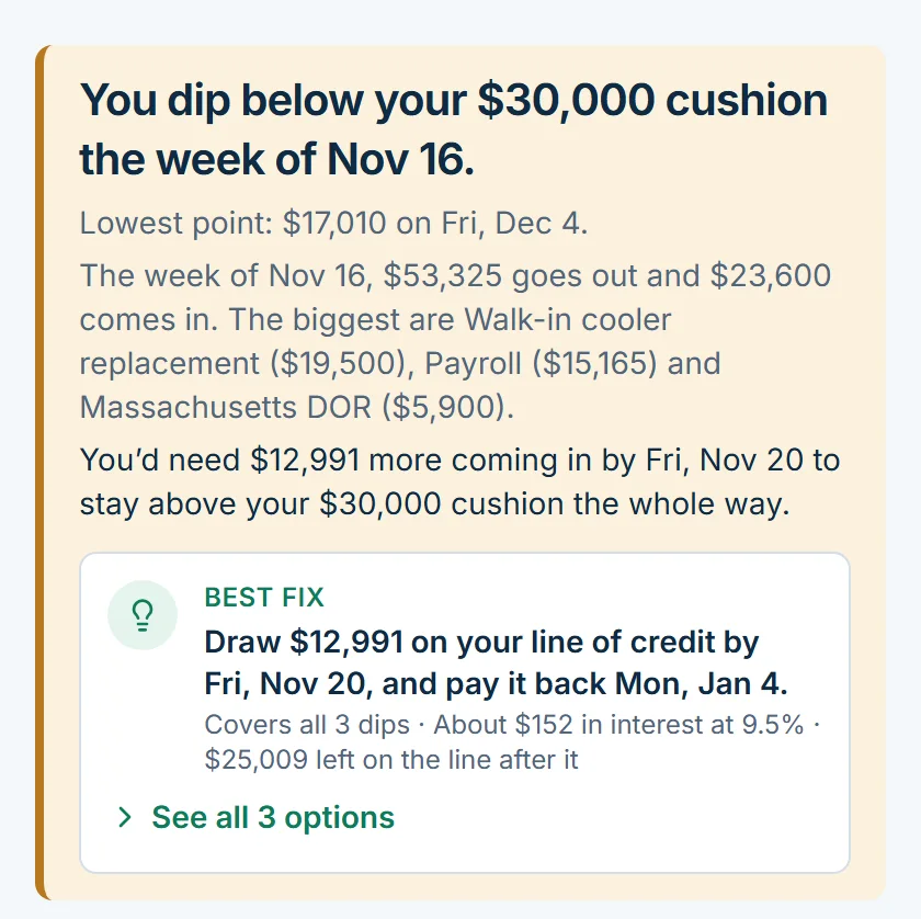 The top of the Dashboard, the verdict: You dip below your $30,000 cushion the week of Nov 16. Lowest point: $17,010 on Fri, Dec 4.